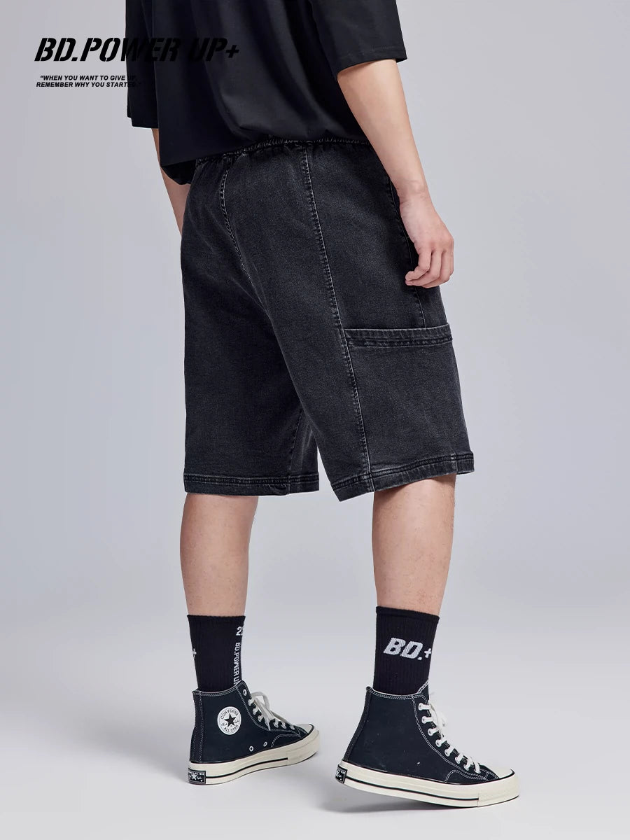 Shorts jeans masculinos pretos soltos simples plus size