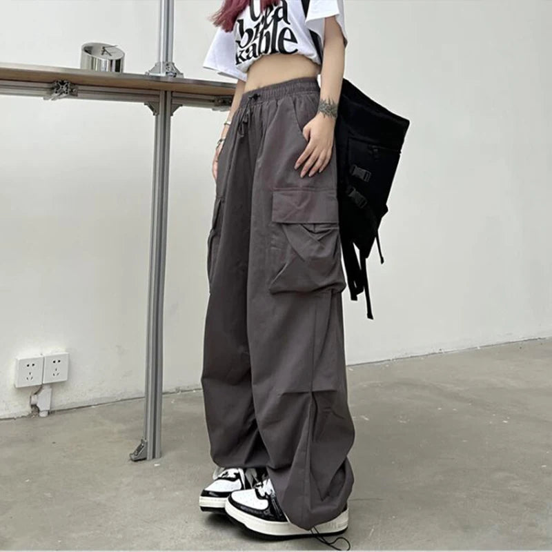 Calça para mulheres casuais joggers calças de tecnologia sólida calças de cintura baixa cordão perna larga calças largas  streetwear sweatpants oversize