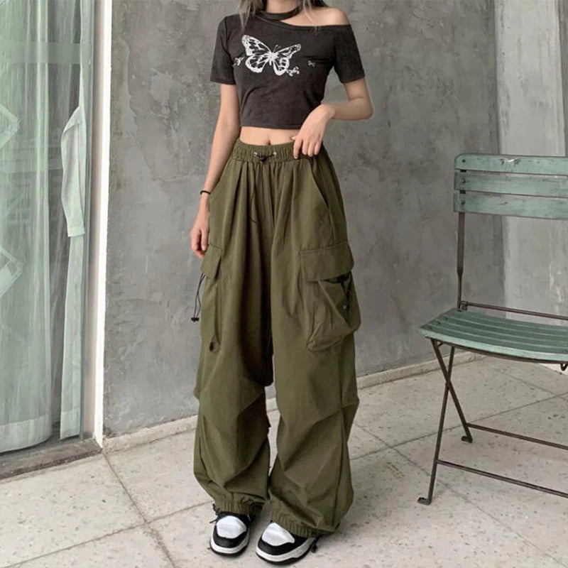 Calça para mulheres casuais joggers calças de tecnologia sólida calças de cintura baixa cordão perna larga calças largas  streetwear sweatpants oversize