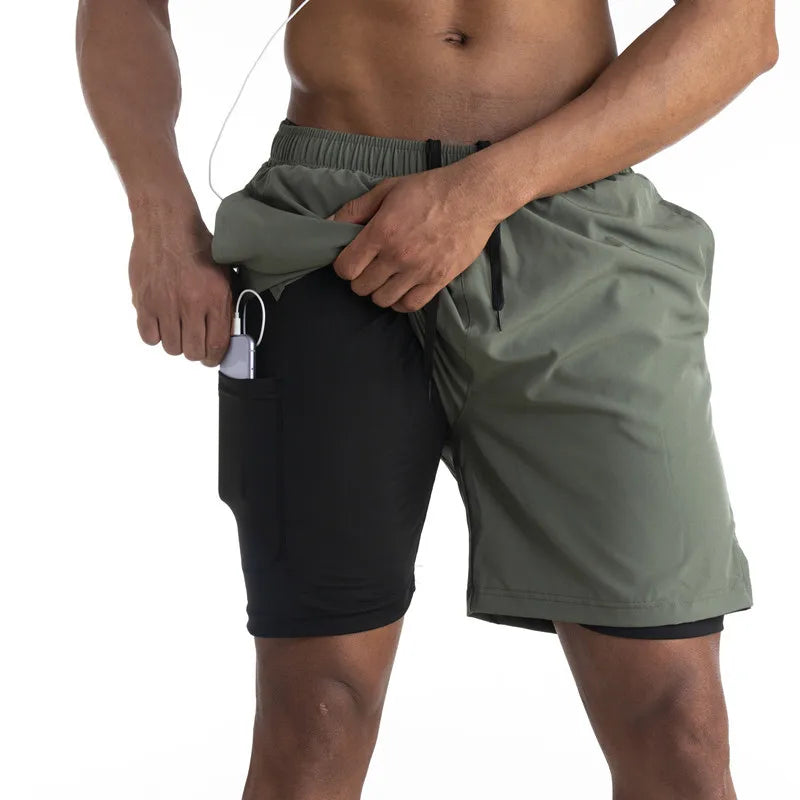 Shorts de corrida dos homens esportes jogging shorts de fitness treinamento secagem rápida dos homens ginásio shorts esporte ginásio calças curtas 2 em 1