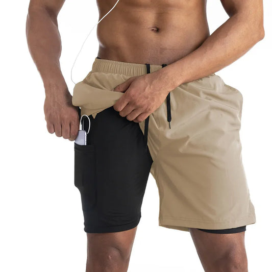 Shorts de corrida dos homens esportes jogging shorts de fitness treinamento secagem rápida dos homens ginásio shorts esporte ginásio calças curtas 2 em 1