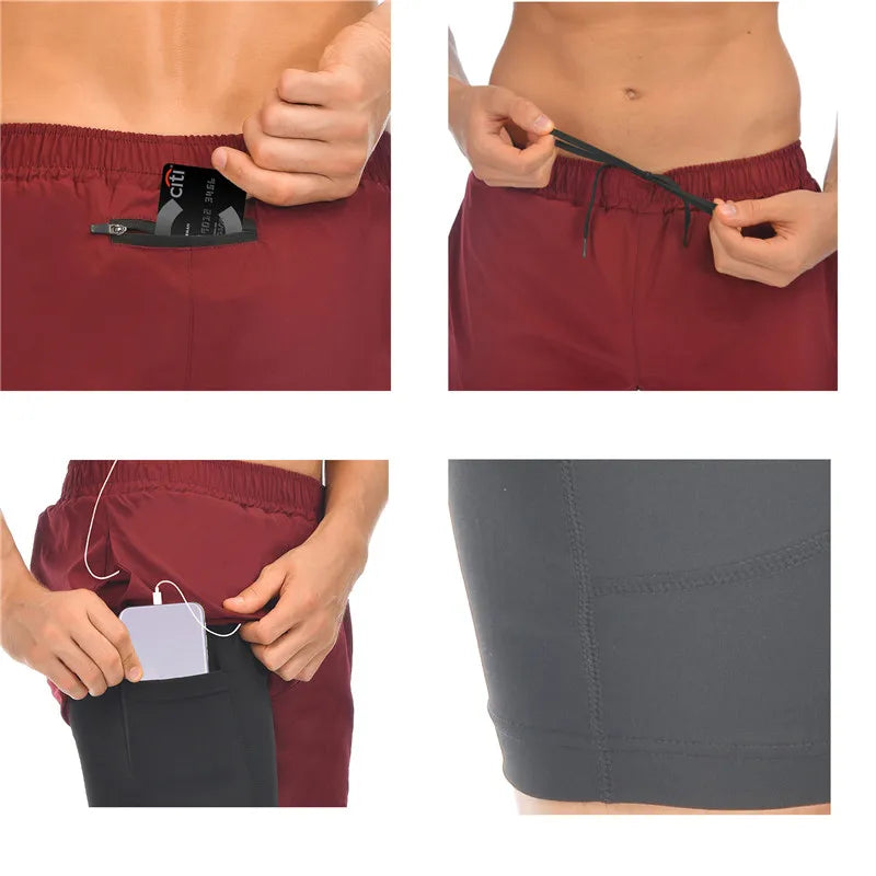 Shorts de corrida dos homens esportes jogging shorts de fitness treinamento secagem rápida dos homens ginásio shorts esporte ginásio calças curtas 2 em 1