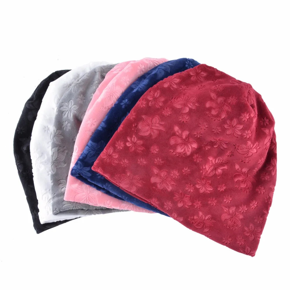 Touca para mulheres macio gravação flores gorro dupla camada quente skullies beanies feminino gorro touca
