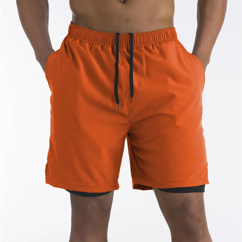Shorts de corrida dos homens esportes jogging shorts de fitness treinamento secagem rápida dos homens ginásio shorts esporte ginásio calças curtas 2 em 1