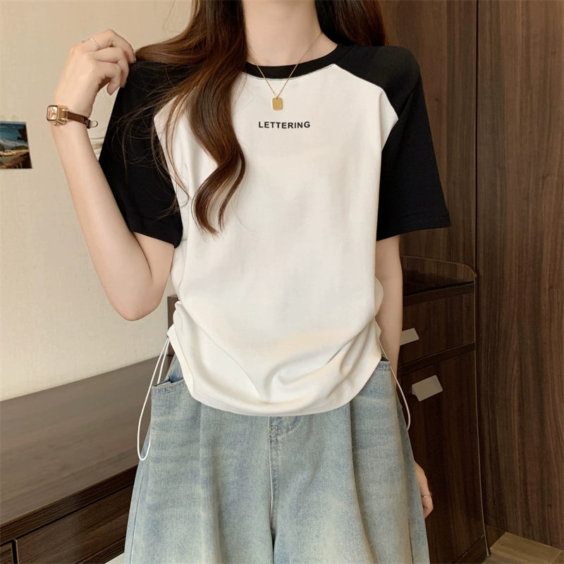 Camiseta de manga curta feminina verão nova camisa de base de tamanho grande emagrecimento barriga-cobrindo casual ombro cordão