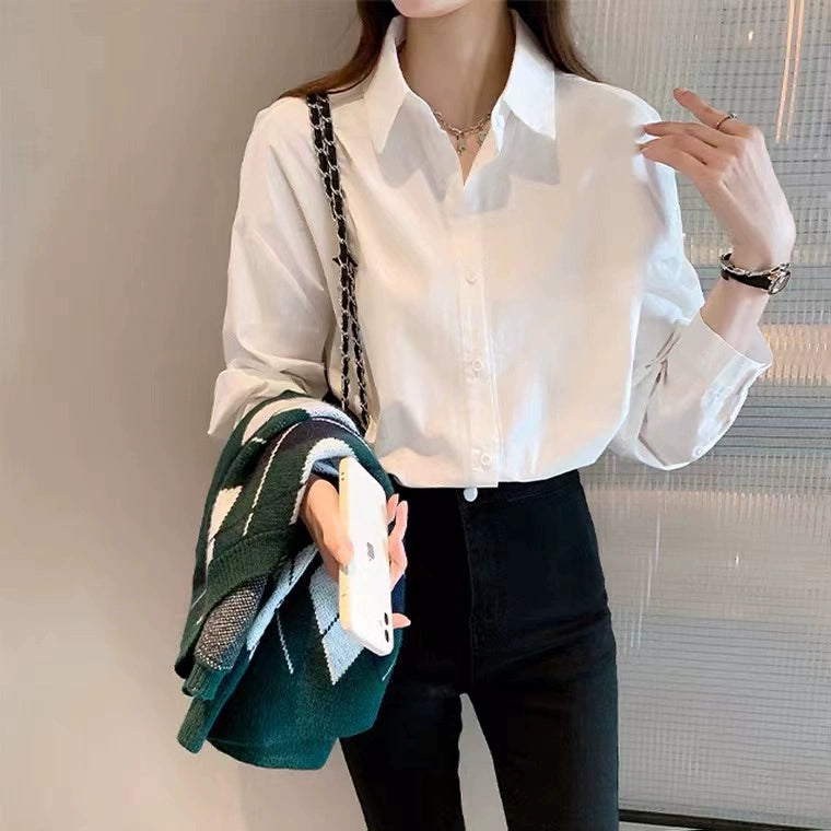 Camisa branca feminina algodão puro nova primavera e outono estilo coreano design estilo ocidental topo versátil camisa casual