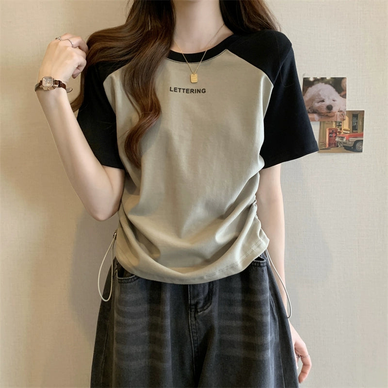 Camiseta de manga curta feminina verão nova camisa de base de tamanho grande emagrecimento barriga-cobrindo casual ombro cordão