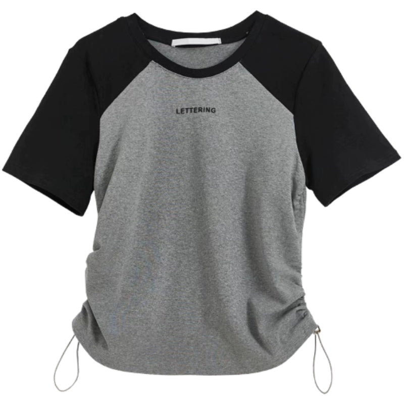 Camiseta de manga curta feminina verão nova camisa de base de tamanho grande emagrecimento barriga-cobrindo casual ombro cordão