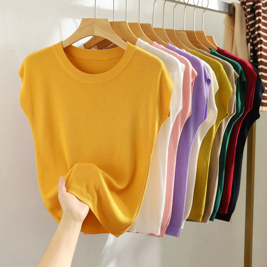 Malhas de manga curta com ombro caído e cor sólida fina de seda gelada