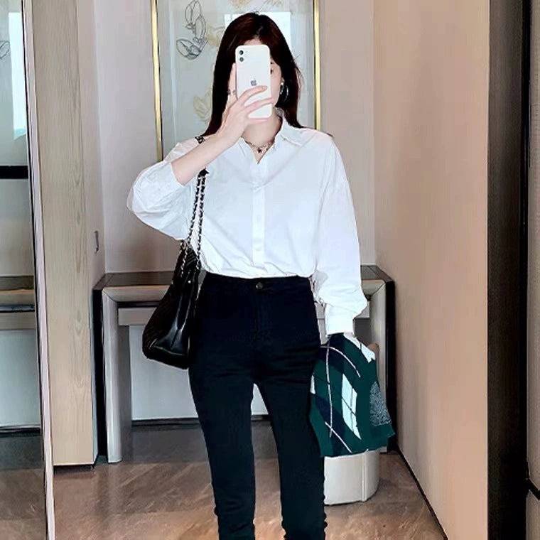 Camisa branca feminina algodão puro nova primavera e outono estilo coreano design estilo ocidental topo versátil camisa casual