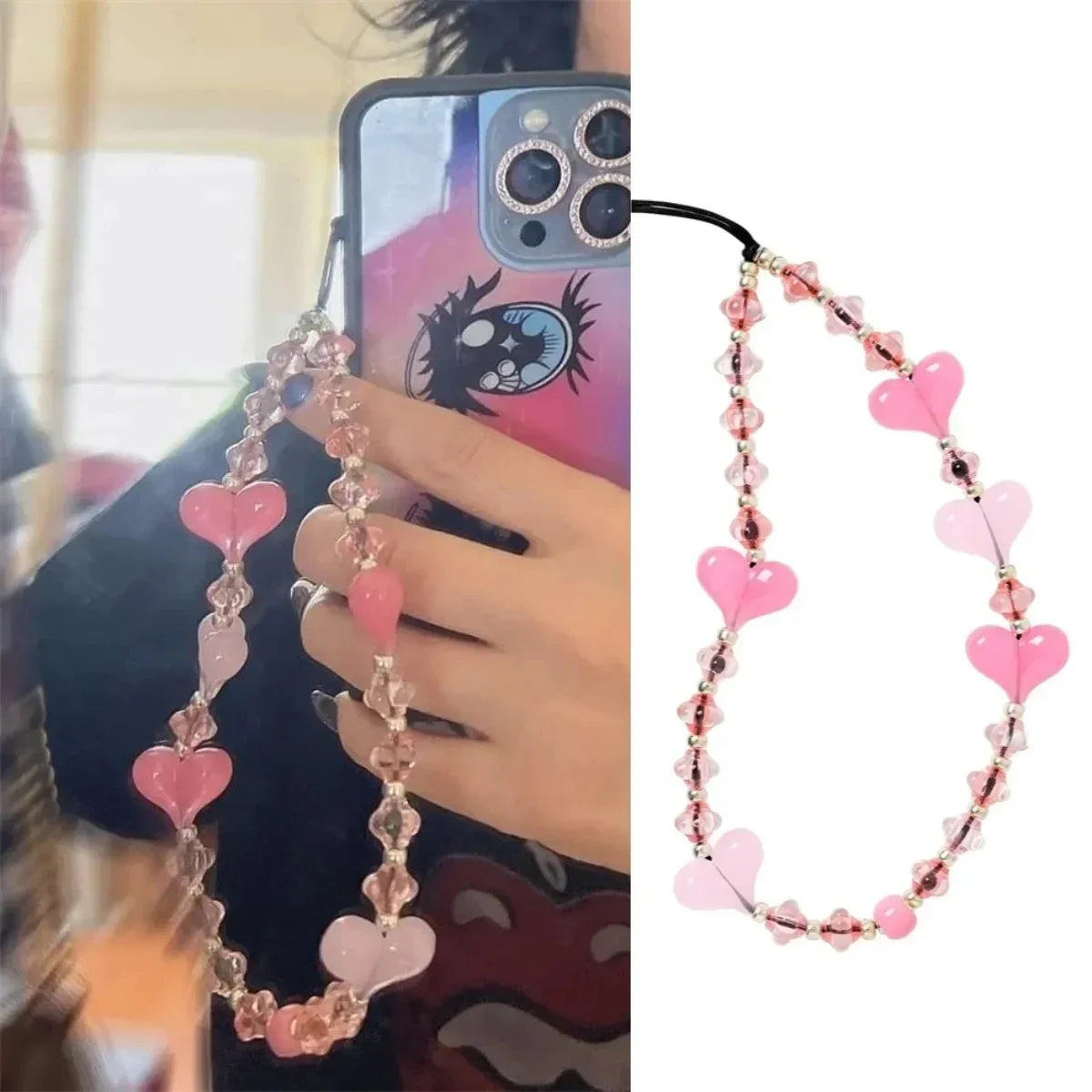 Correntes de telefone rosa doce pingente de foto de coração acrílico