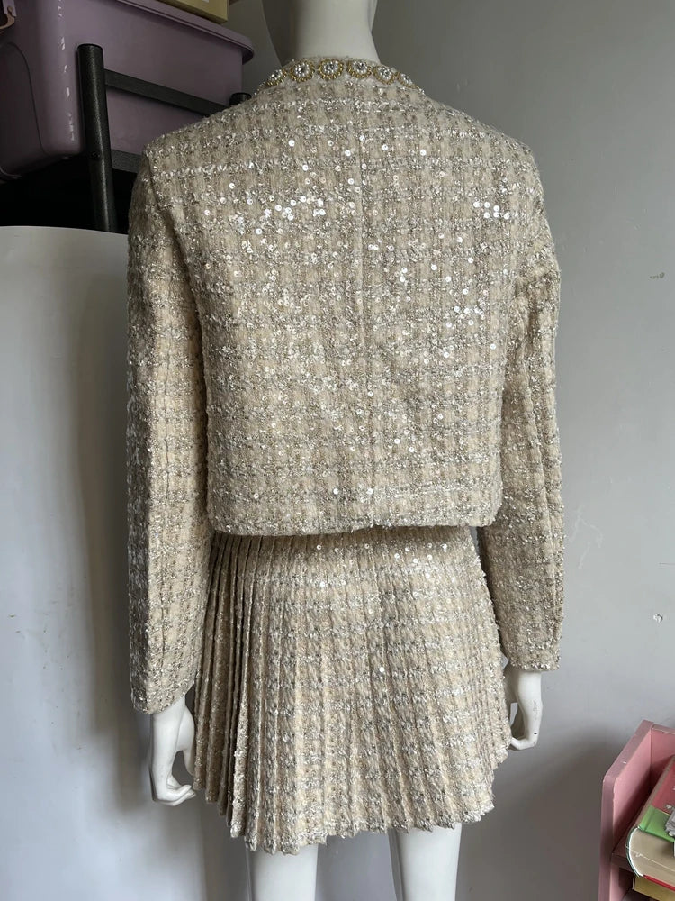 Conjunto de duas peças para as mulheres outono inverno conjuntos femininos elegantes moda jaqueta casaco + saia 2 peça conjuntos curtos roupa