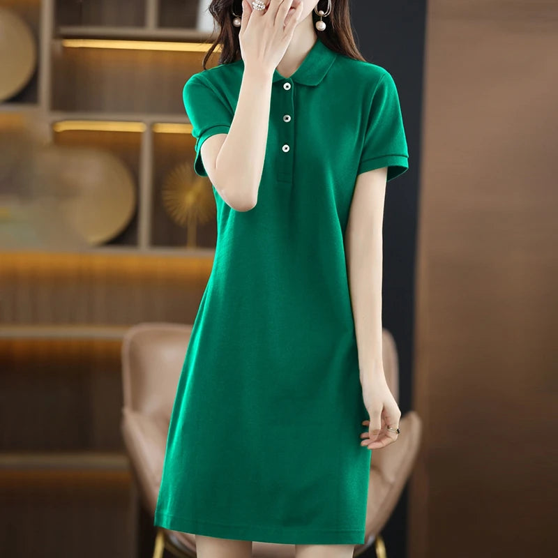 Vestido de algodão macio, polo gola longa solta tamanho grande pulôver camisola primavera verão manga curta
