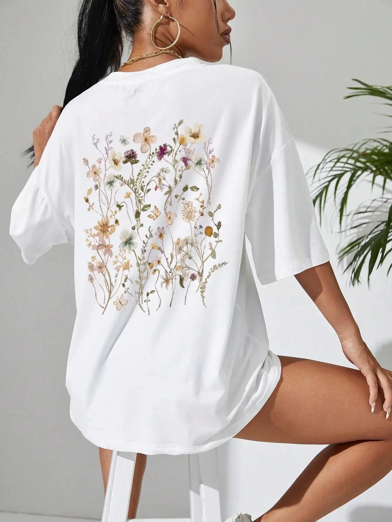 Camiseta com flores estampados camisetas femininas de algodão casual respirável macio manga curta tops soltos e confortáveis roupas de rua