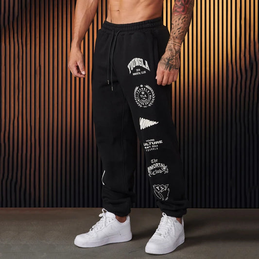 Calças Estilo americano dos homens sweatpants primavera outono novo jogger ginásio esportes de fitness algodão impresso calças casuais meados cintura calças com cordão