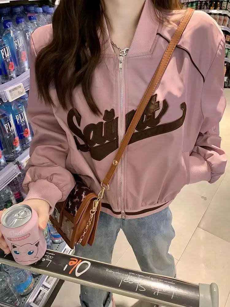 Jaqueta de beisebol solto oversized colheita bombardeiro casaco senhoras carta impressão esportiva feminino coreano blusão jaqueta