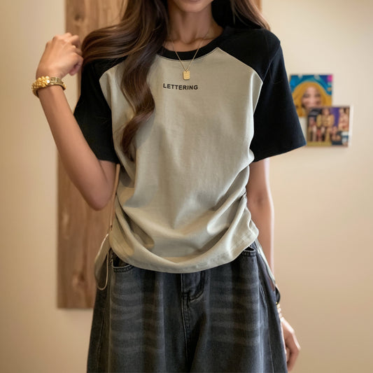 Camiseta de manga curta feminina verão nova camisa de base de tamanho grande emagrecimento barriga-cobrindo casual ombro cordão