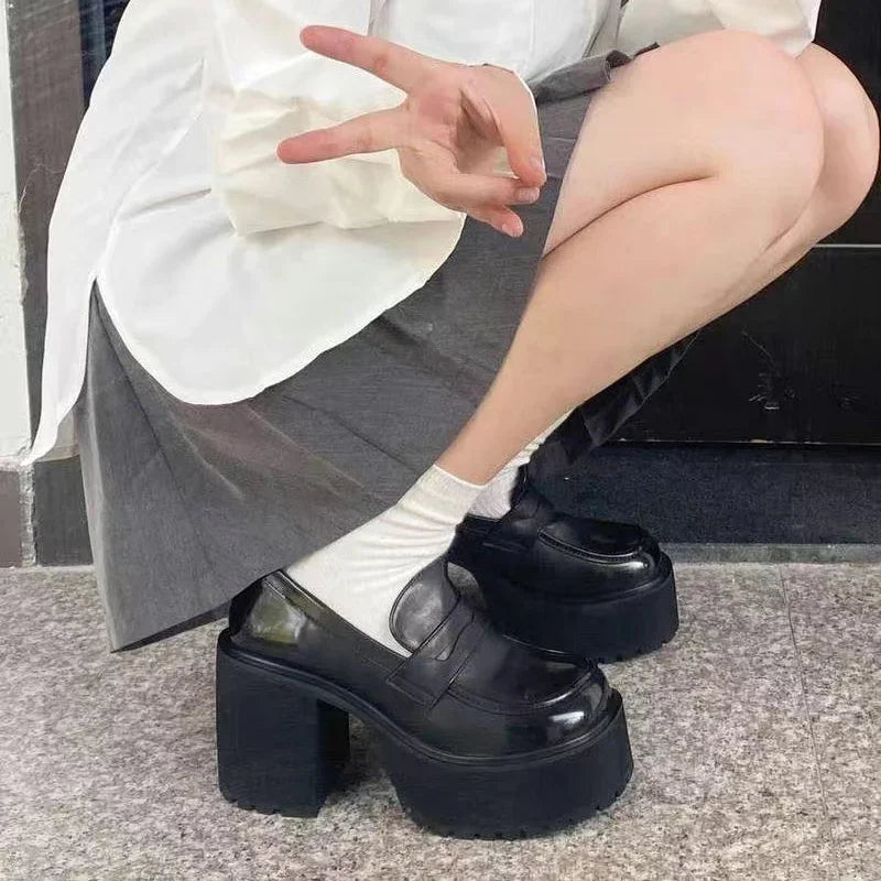 Salto Alto Mocassins Femininos Sapatos Retro Salto Grosso Bombas Feminino