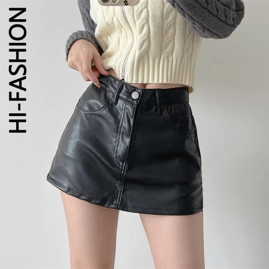 Saia curta feminina de couro vintage harajuku streetwear feminino preto sexy split magro cintura alta a linha mini saias