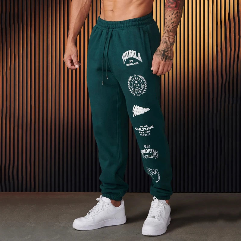 Calças Estilo americano dos homens sweatpants primavera outono novo jogger ginásio esportes de fitness algodão impresso calças casuais meados cintura calças com cordão