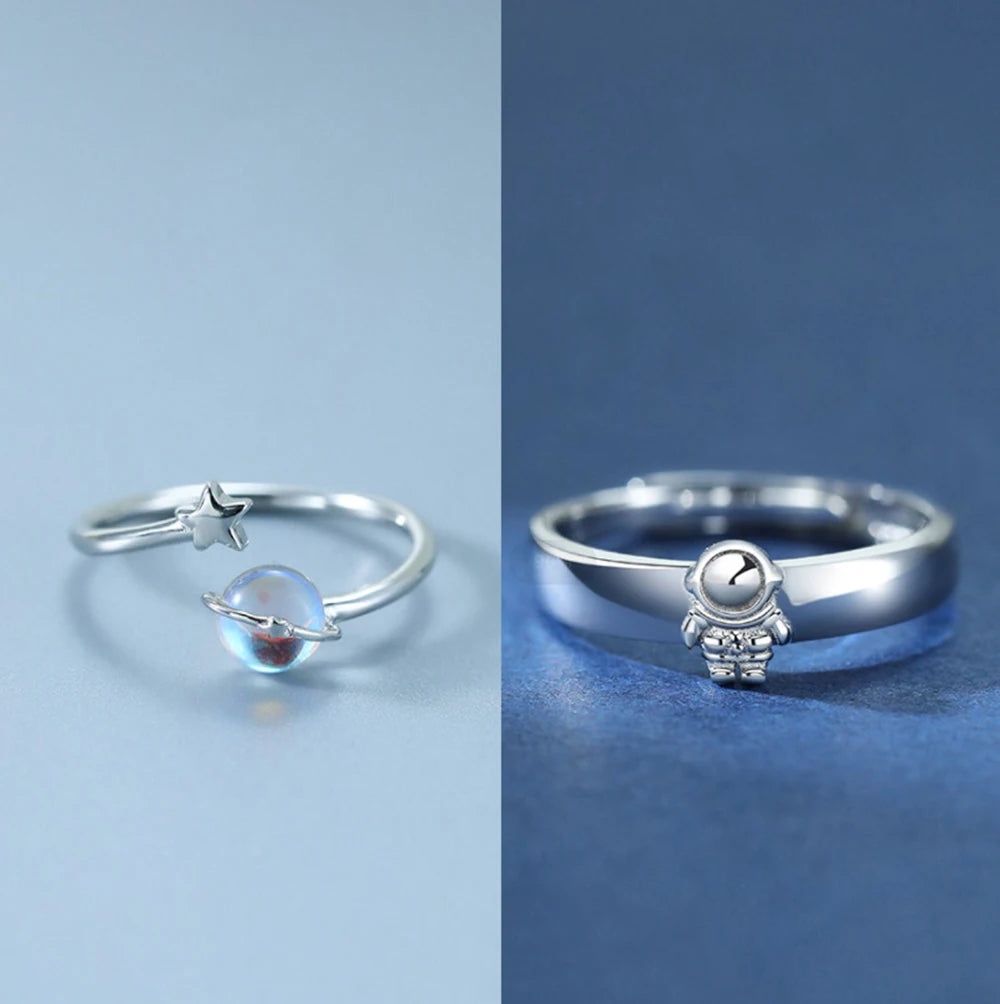 Anéis de casal feliz planeta astronauta moonstone casal anel feminino masculino namoro anel para casal presente