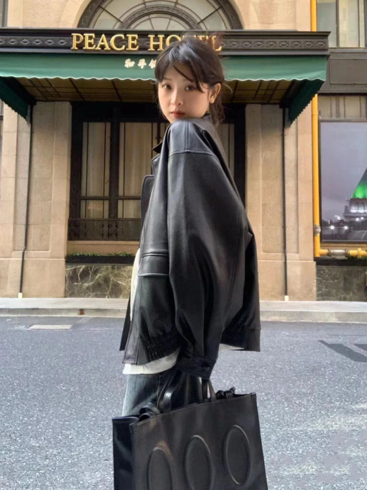 Jaqueta moda streetwear oversize casaco estilo americano casual senhora casual solto fauxleather jaqueta roupas