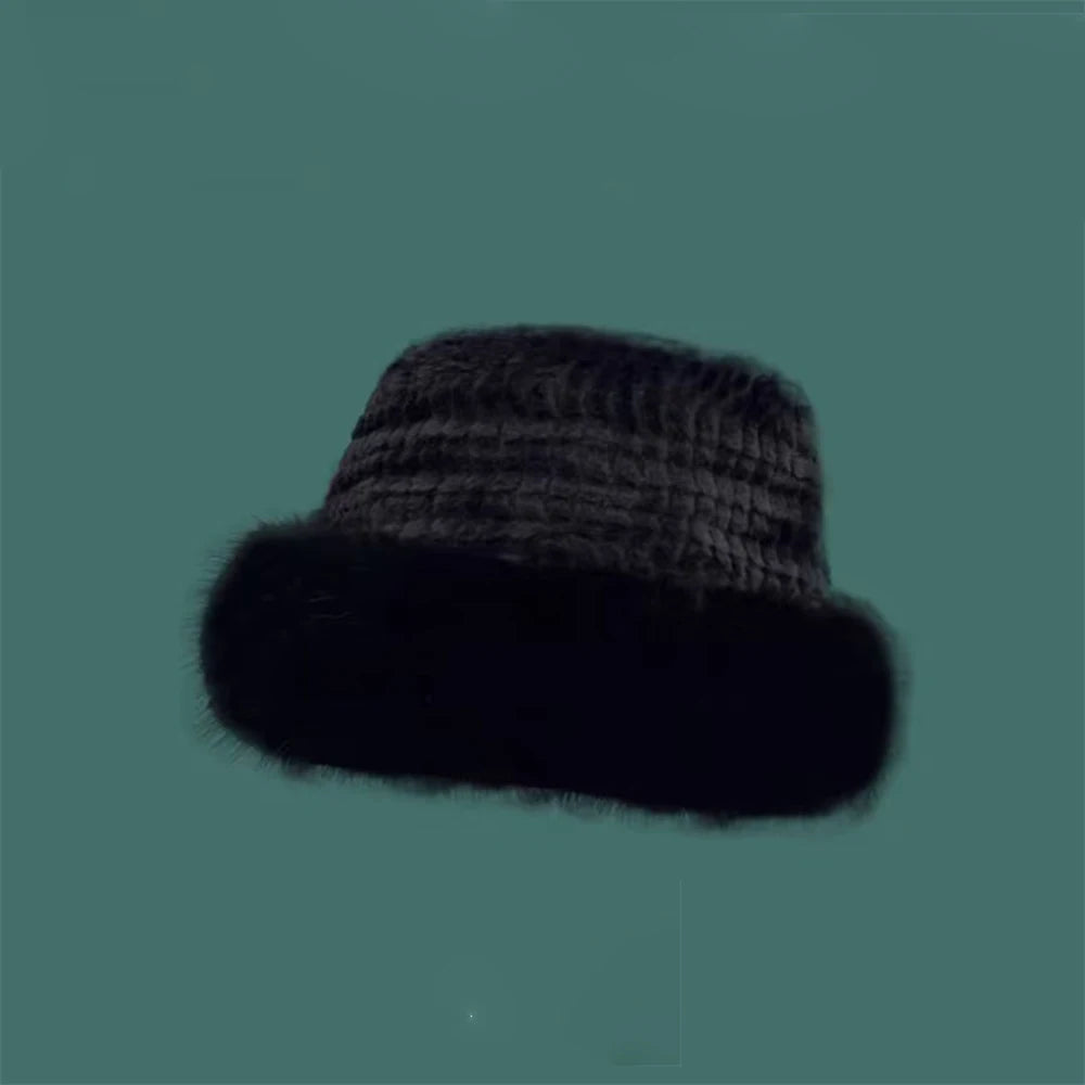 Gorro fofo balde de pele do falso chapéu para mulheres luxo pelúcia pescador chapéu quente inverno engrossar frio dia nevado panamá boné 2023