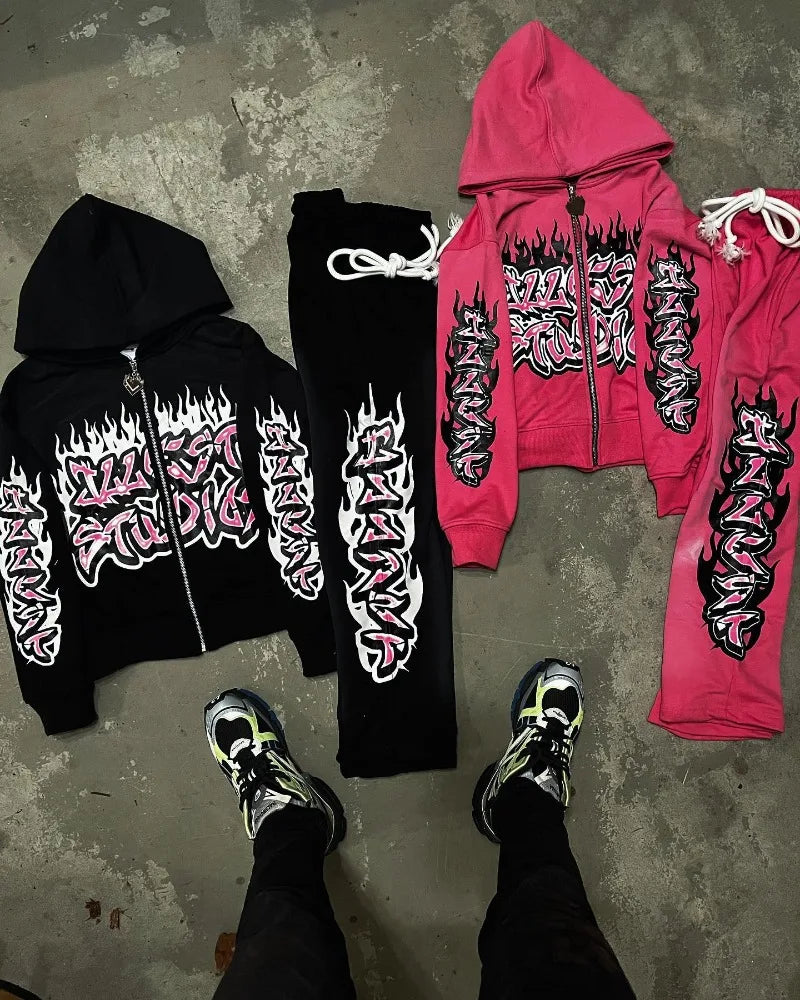 American Gothic Trendy Gothic Letters Printed Oversized Sweatshirt Set Men's Fashion Casual Loose Pants Zippered Sweatshirt