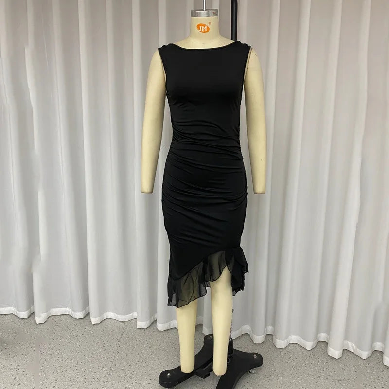 Vestido Verão Elegante Sólido Sem Mangas Cintura Estreita Fino Sem Costas Babados Irregular Vestidos de Festa Streetwear