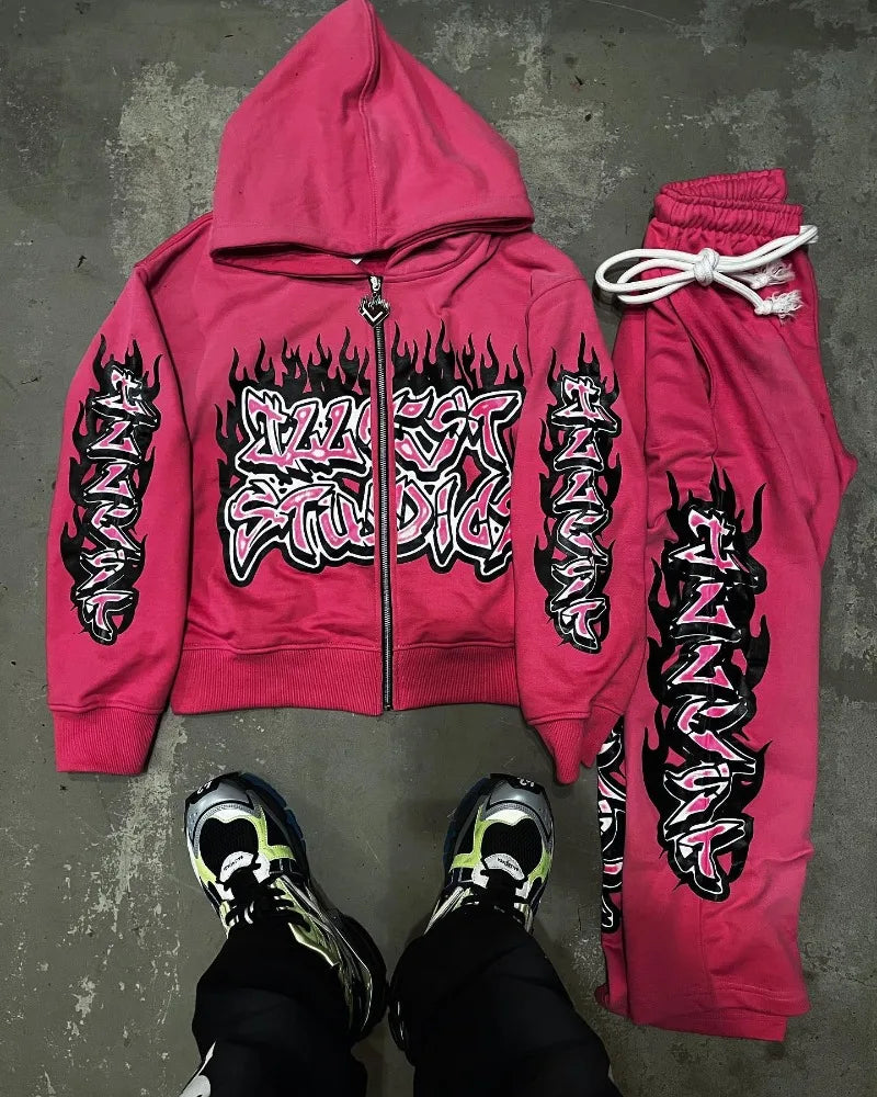 American Gothic Trendy Gothic Letters Printed Oversized Sweatshirt Set Men's Fashion Casual Loose Pants Zippered Sweatshirt