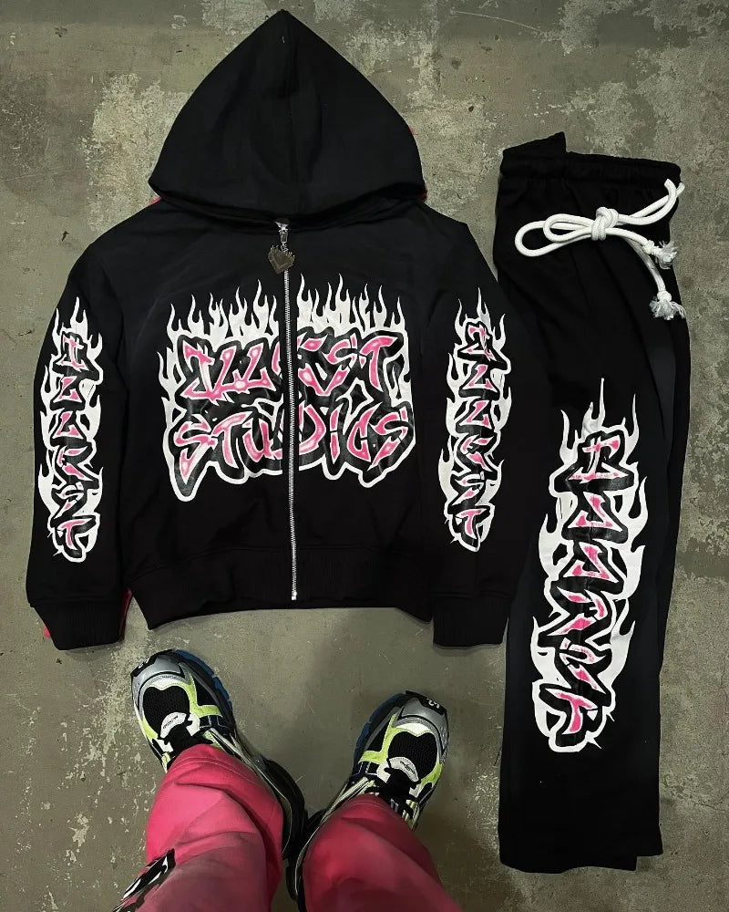 American Gothic Trendy Gothic Letters Printed Oversized Sweatshirt Set Men's Fashion Casual Loose Pants Zippered Sweatshirt