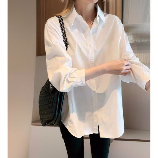 Camisa branca feminina algodão puro nova primavera e outono estilo coreano design estilo ocidental topo versátil camisa casual