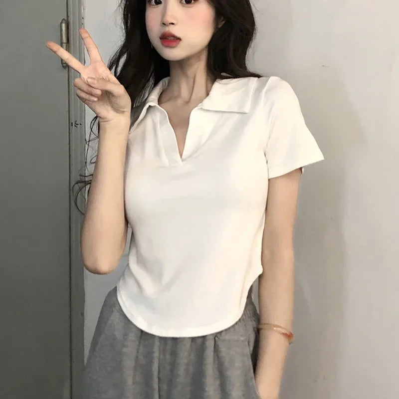 Camiseta feminina com decote em v, ombro branco, manga curta, design de verão,slim, puro desejo