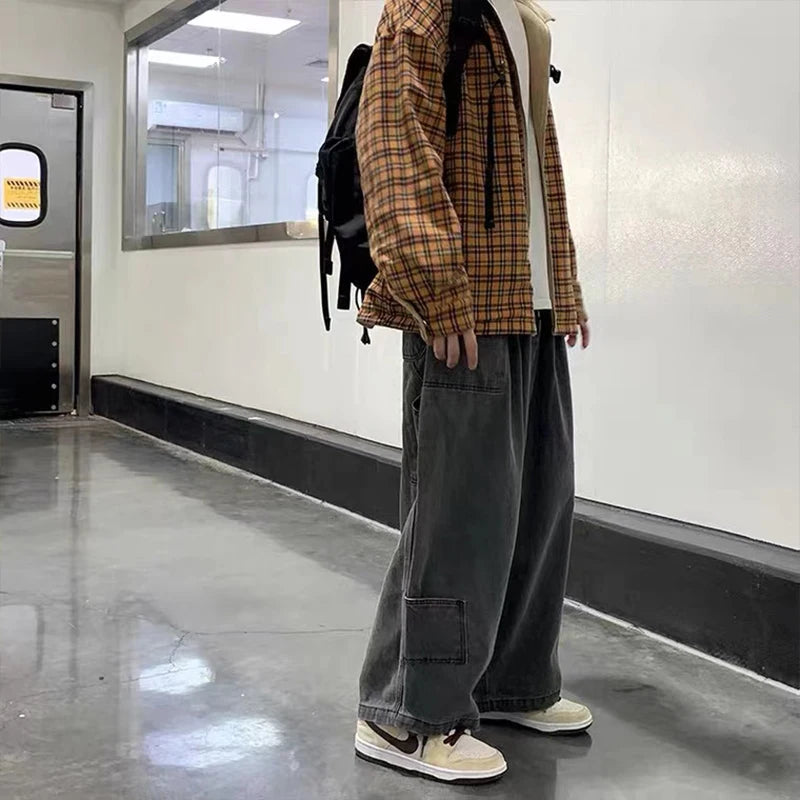 Calças de brim de vários bolsos streetwear calças de carga soltas plus size calças de perna larga  casual calças jeans roupas masculinas