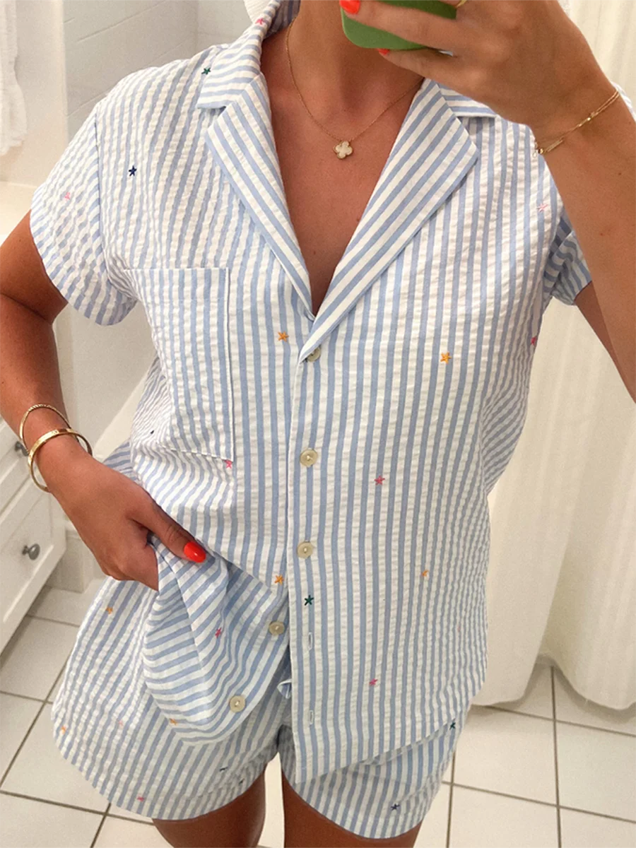 Conjuntos  de verão feminino roupas listra impressão manga curta lapela topos com cintura elástica shorts conjunto streetwear