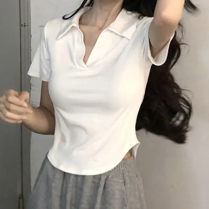 Camiseta feminina com decote em v, ombro branco, manga curta, design de verão,slim, puro desejo