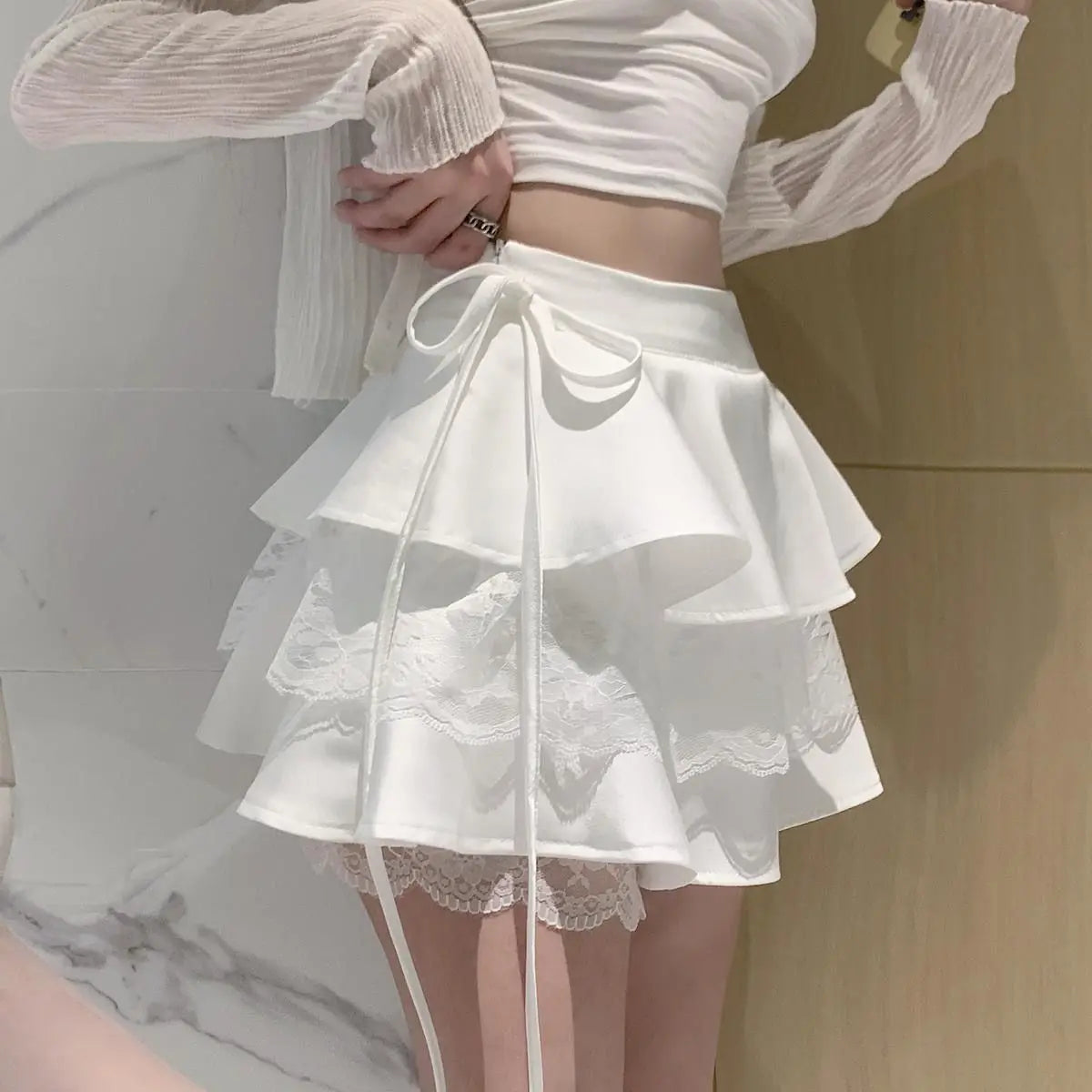 Mini saia renda retalhos bonito cintura alta sexy a linha saias curtas