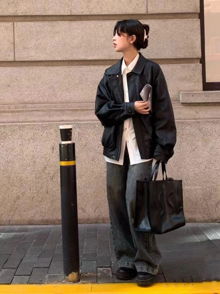 Jaqueta moda streetwear oversize casaco estilo americano casual senhora casual solto fauxleather jaqueta roupas