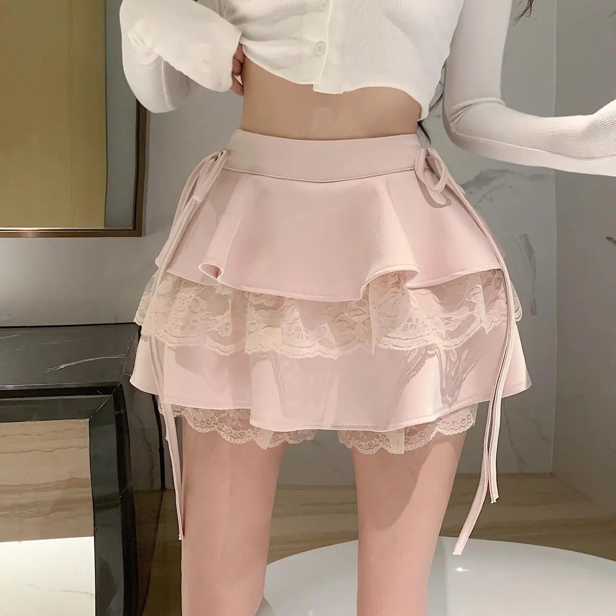 Mini saia renda retalhos bonito cintura alta sexy a linha saias curtas