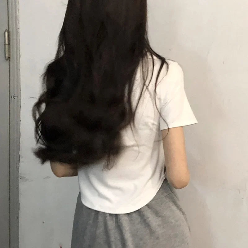 Camiseta feminina com decote em v, ombro branco, manga curta, design de verão,slim, puro desejo