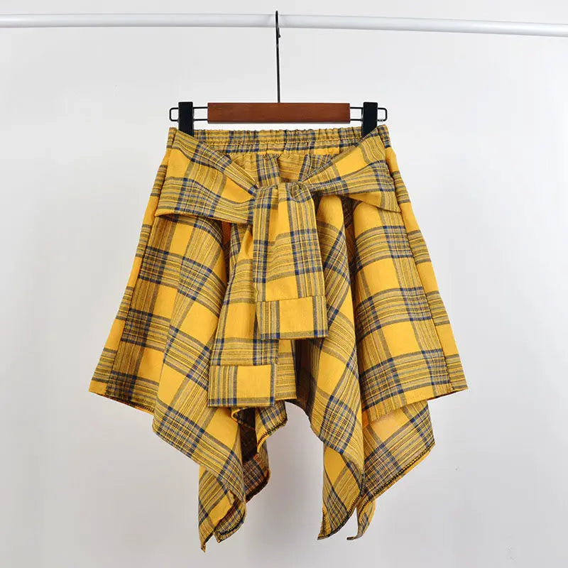 Saia feminina arco-nó cintura elástica camisa estilo azul branco treliça mini a linha shortskirt feminino