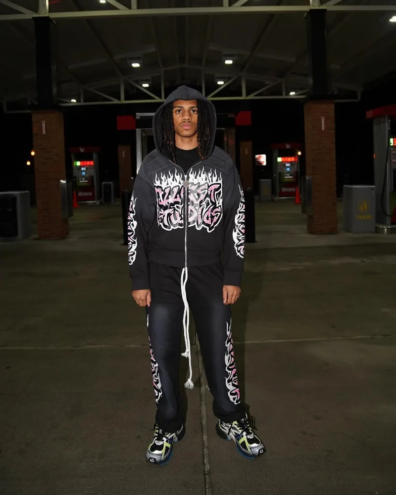 American Gothic Trendy Gothic Letters Printed Oversized Sweatshirt Set Men's Fashion Casual Loose Pants Zippered Sweatshirt