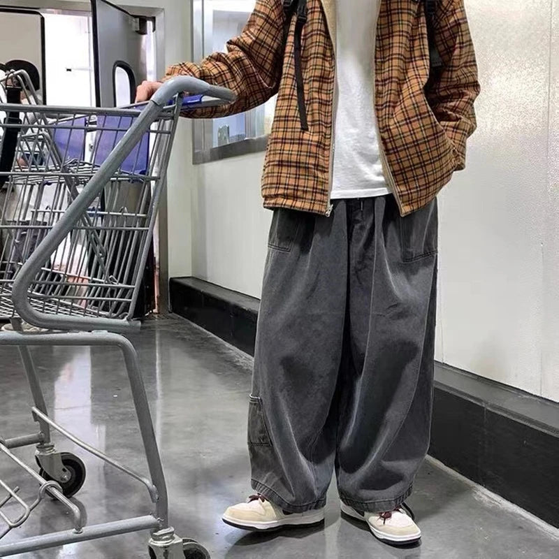 Calças de brim de vários bolsos streetwear calças de carga soltas plus size calças de perna larga  casual calças jeans roupas masculinas