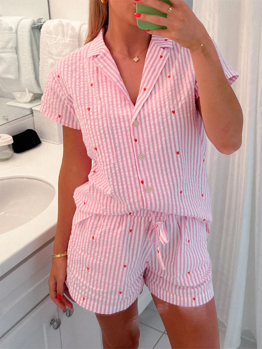 Conjuntos  de verão feminino roupas listra impressão manga curta lapela topos com cintura elástica shorts conjunto streetwear