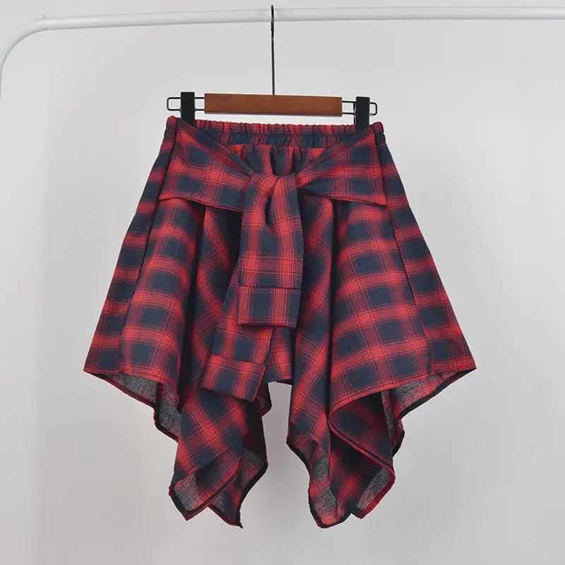 Saia feminina arco-nó cintura elástica camisa estilo azul branco treliça mini a linha shortskirt feminino