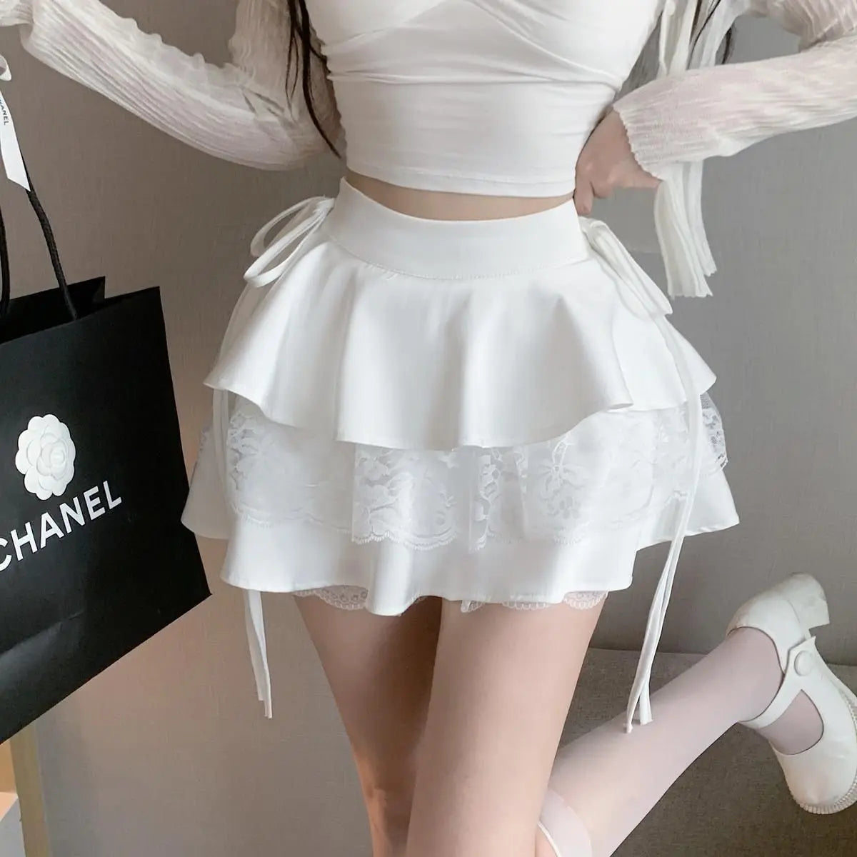 Mini saia renda retalhos bonito cintura alta sexy a linha saias curtas