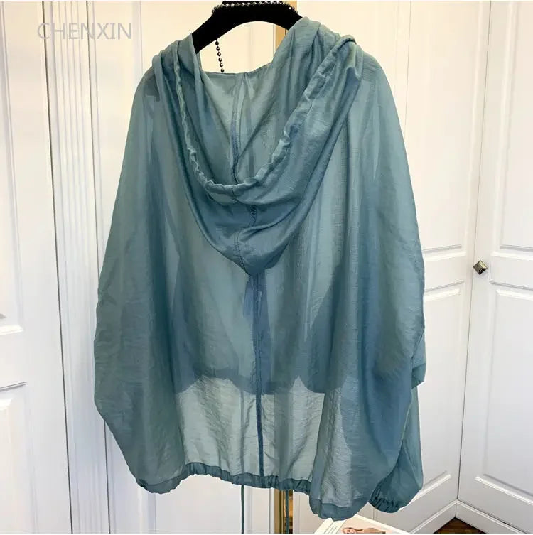 Jaquetas femininas com capuz verão à prova de sol zíper casacos finos soltos ver através outerwear respirável outwear roupas leves preto