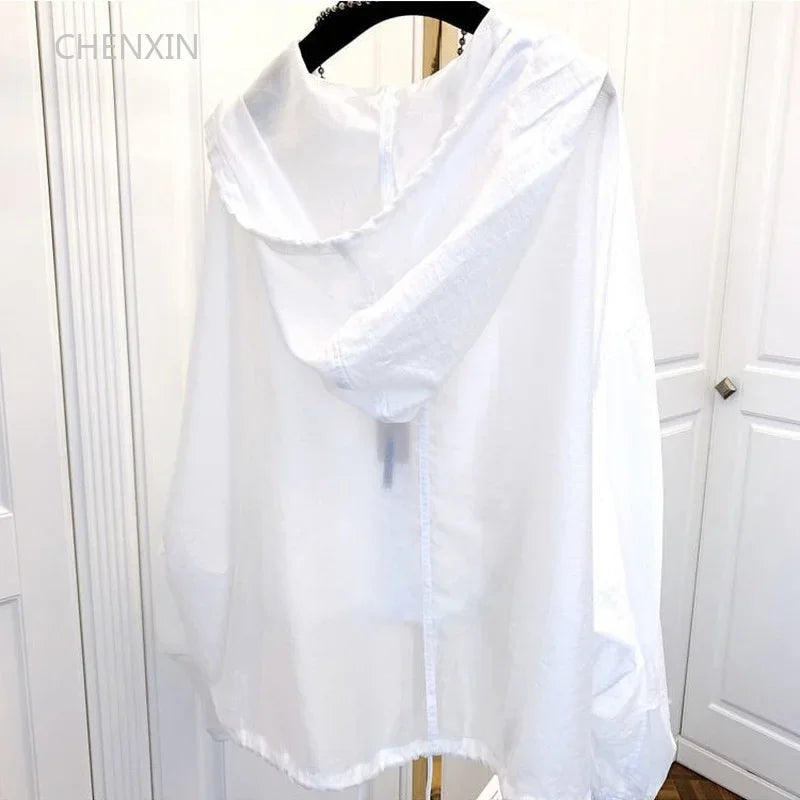 Jaquetas femininas com capuz verão à prova de sol zíper casacos finos soltos ver através outerwear respirável outwear roupas leves preto