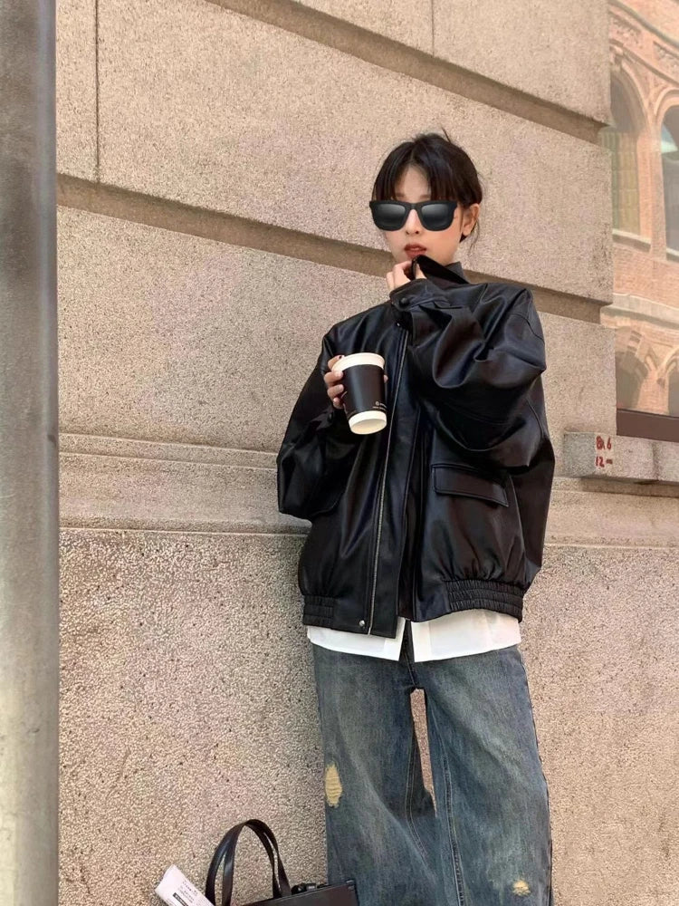 Jaqueta moda streetwear oversize casaco estilo americano casual senhora casual solto fauxleather jaqueta roupas