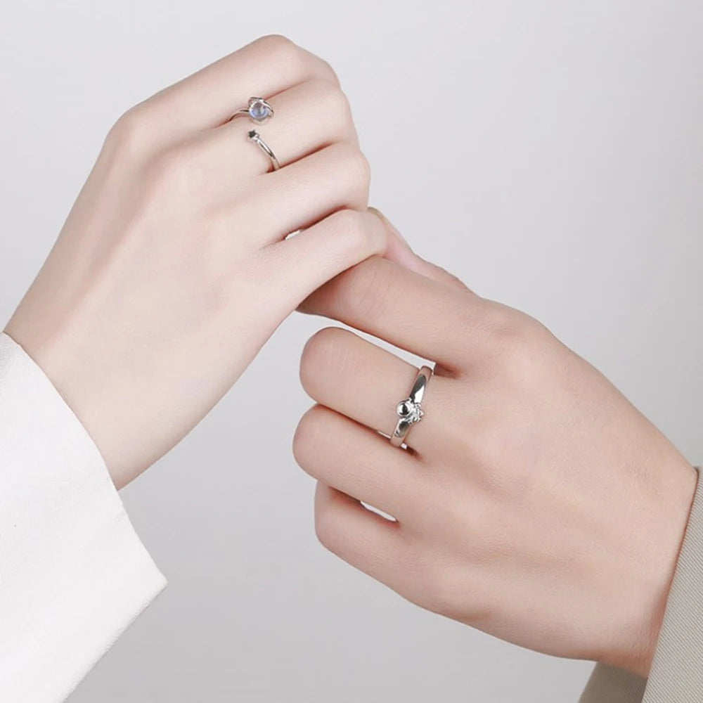 Anéis de casal feliz planeta astronauta moonstone casal anel feminino masculino namoro anel para casal presente